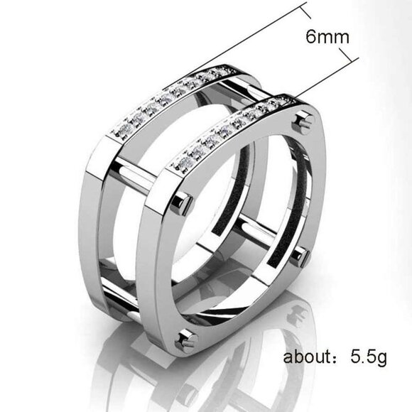 ▶Square Glitter Zircon Double Layer Silver Plated Ring for Men, L187